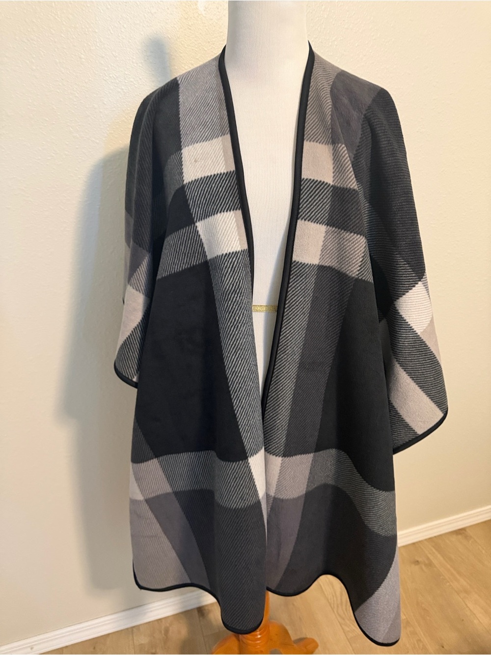 Ike Behar Black and Gray Plaid Open-Front Poncho